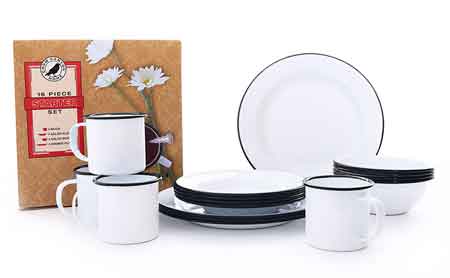 Crow Canyon 16 Piece Enamelware Dinnerware Gift Set, Vintage Style, Service for 4, Black Rim