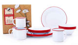 Crow Canyon 16 Piece Enamelware Dinnerware Gift Set, Vintage Style, Service for 4, Red Rim