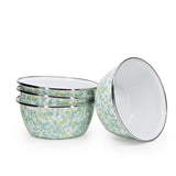 Golden Rabbit Enamel Cereal or Salad Bowls, Set of 4, Jardin Swirl (Green, Blue, White)
