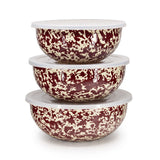 Crow Canyon Enamel Mixing Bowl Set of 3, Burgundy on Cream Splatter