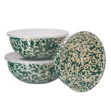 Crow Canyon Enamel Mixing Bowl Set of 3, Green on Cream Splatter