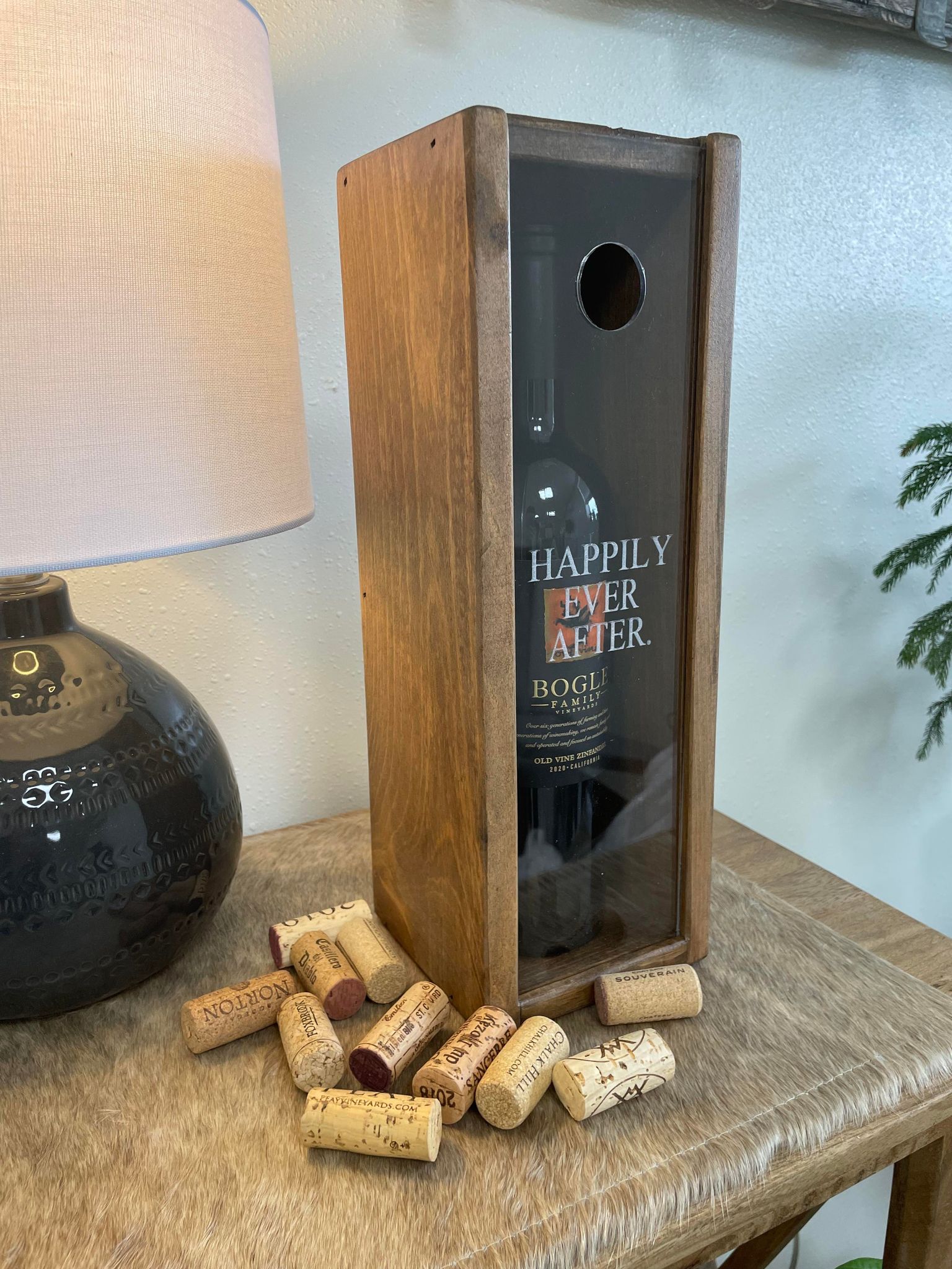 Pine Wood Wine Bottle Gift Box and Cork Holder, Happily Ever After, A Great Shower, Wedding or Anniversary Gift