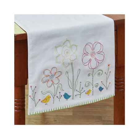Embroidered Table Runner - Flower and Chick, 14" x 42"
