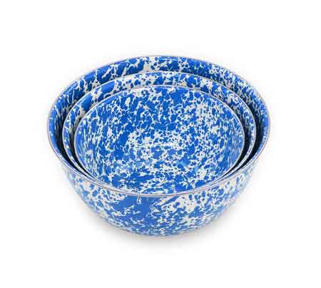 Enamelware Mixing Bowl Set of 3, Blue Marble