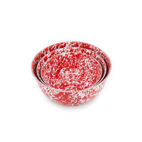 Enamelware Mixing Bowl Set of 3, Red Marble