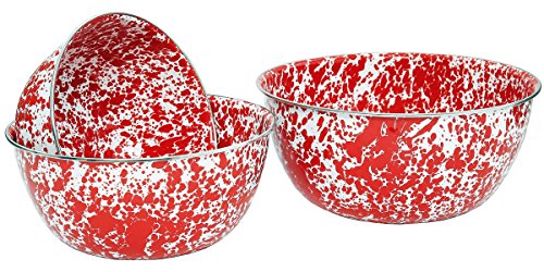 Enamelware Mixing Bowl Set of 3, Red Marble