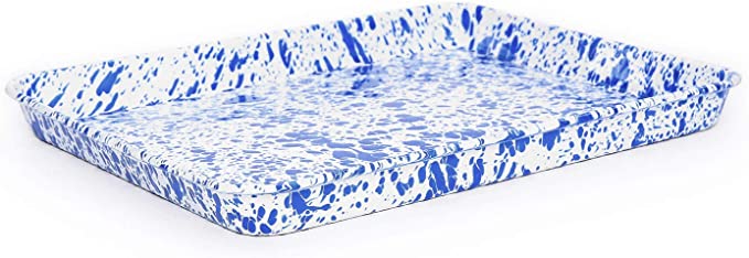 Crow Canyon Enamelware Small Rectangular Tray, Vintage Collection White & Blue