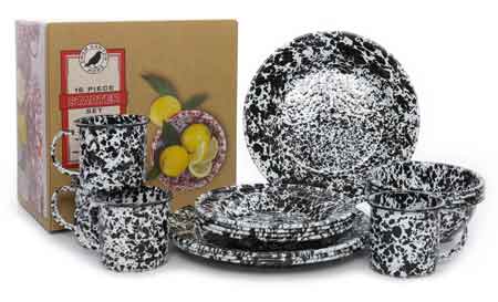 Crow Canyon 16 Piece Enamelware Dinnerware Gift Set, Black Marble