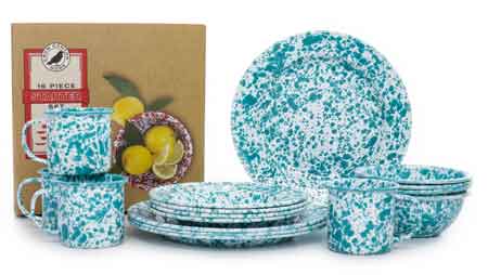 Crow Canyon 16 Piece Enamelware Dinnerware Gift Set, Turquoise Marble