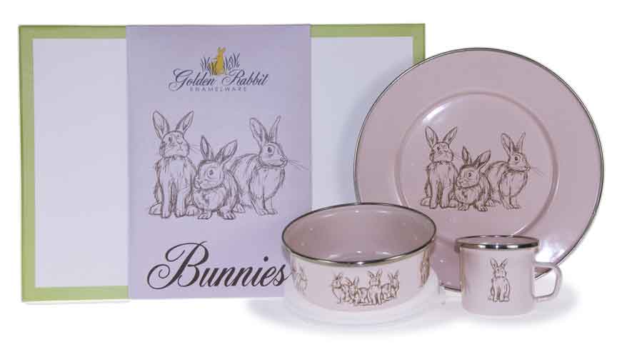 Pink Bunnies Enamelware 3 Piece Child Dinner Set with Gift Box