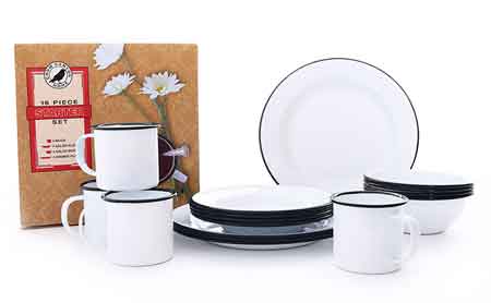 Crow Canyon 16 Piece Enamelware Dinnerware Gift Set, Vintage Style, Service for 4, Black Rim