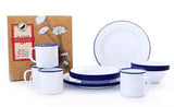 Crow Canyon 16 Piece Enamelware Dinnerware Gift Set, Vintage Style, Service for 4, Blue Rim