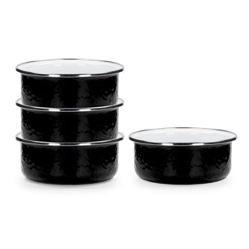 Solid Black Enamelware Soup Bowls, Set of 4