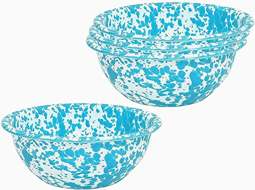 Enamelware Cereal or Salad Bowls, Turquoise Marble, Set of 4