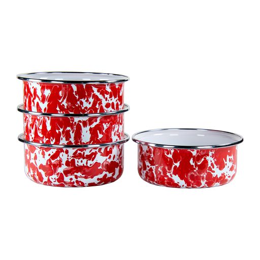 Red Swirl Enamelware Soup Bowls, Set of 4