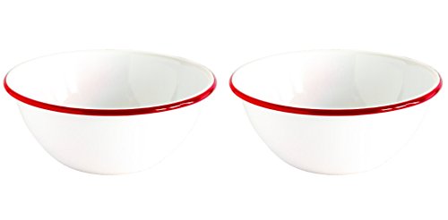 Crow Canyon Serving Bowl, 2 qt., Vintage Style Enamelware, Red Rim, Set of 2