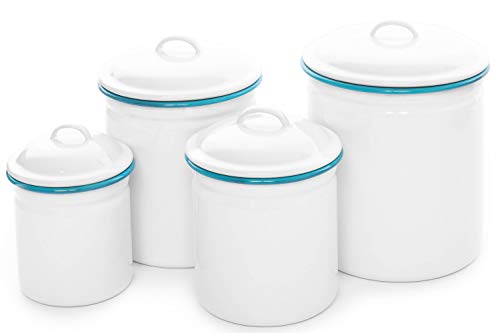 4 Piece Canister Set, Vintage Style Enamelware, Turquoise Rim