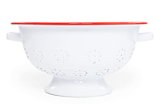 Large Enamelware Colander, 11", Vintage Style with a Red Rim