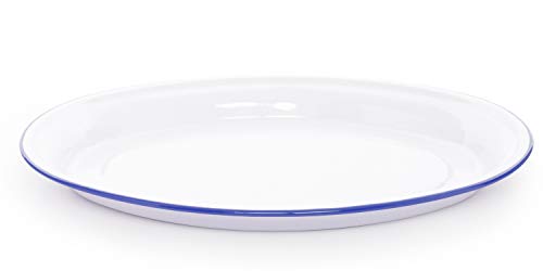 Oval Platter 18" Enamelware, Vintage Style, Blue Rim